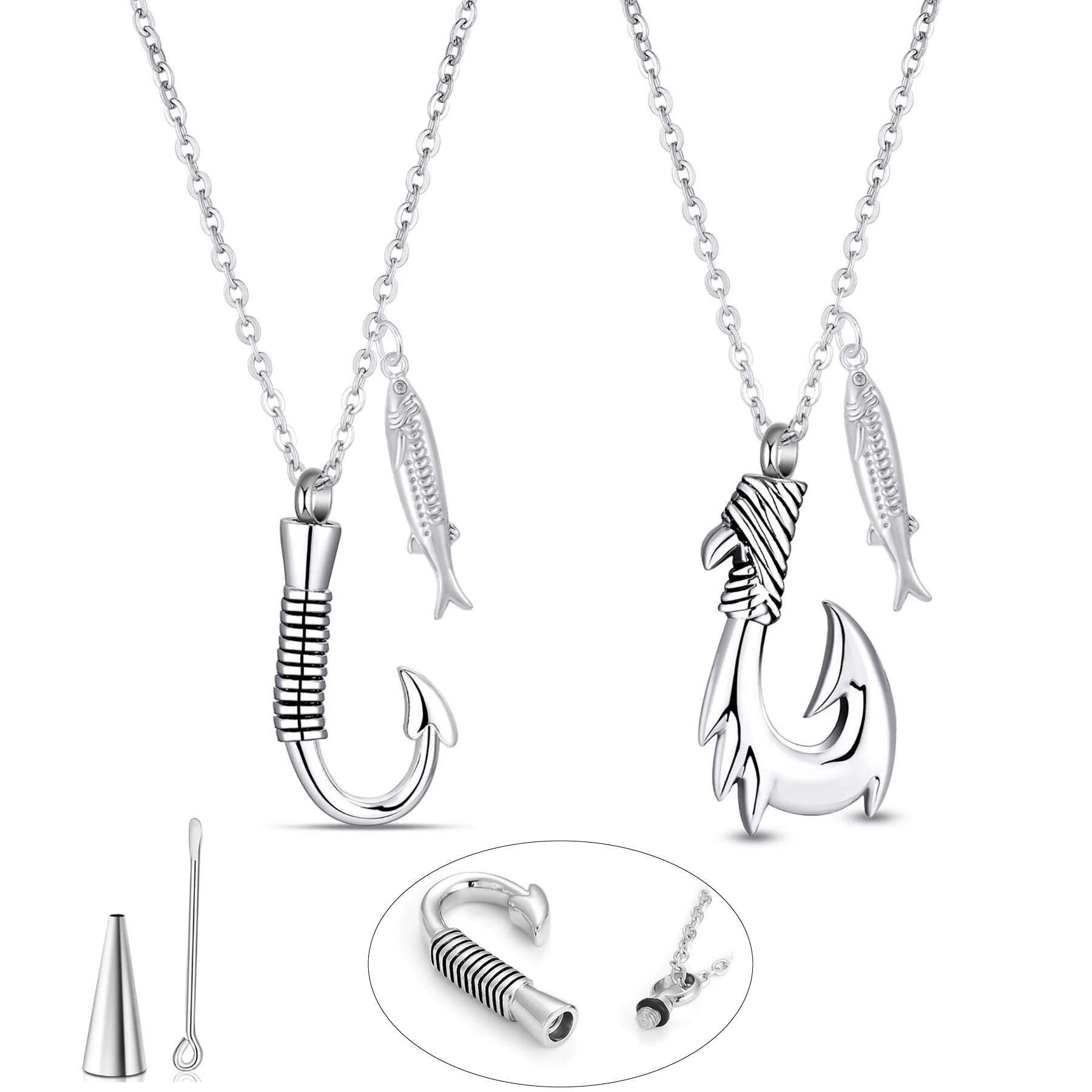 Stainless Steel Fishing Hook Cremation Necklace with Fish Pendant for Ashes Urn Jewelry Memorial Keepsake for Men Angler