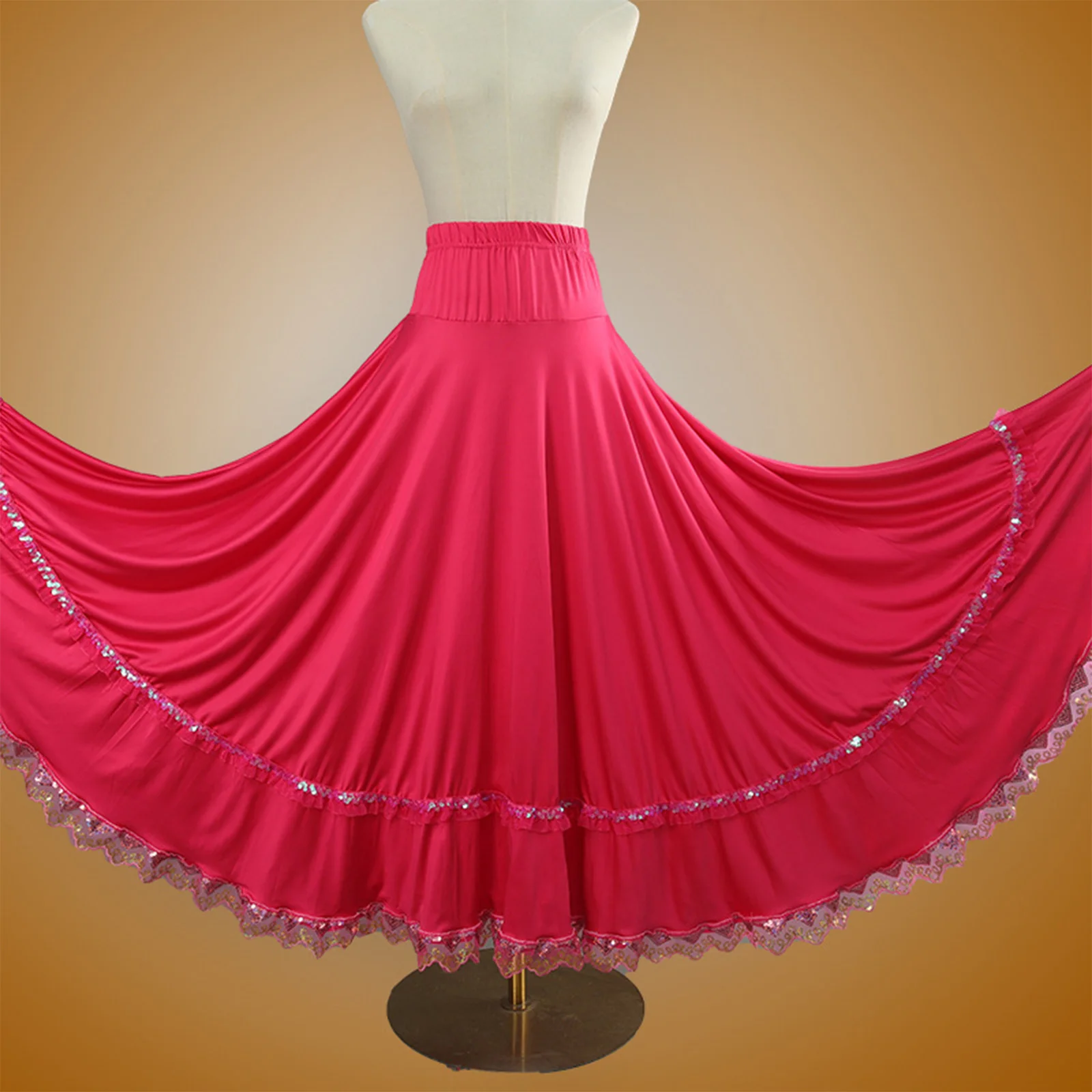 Womens Full Circle Long Skirt Elastic High Waist Ruffled Lace Trim Dance Skirt for Square Dance Ballroom Ethnic Dance Flamenco