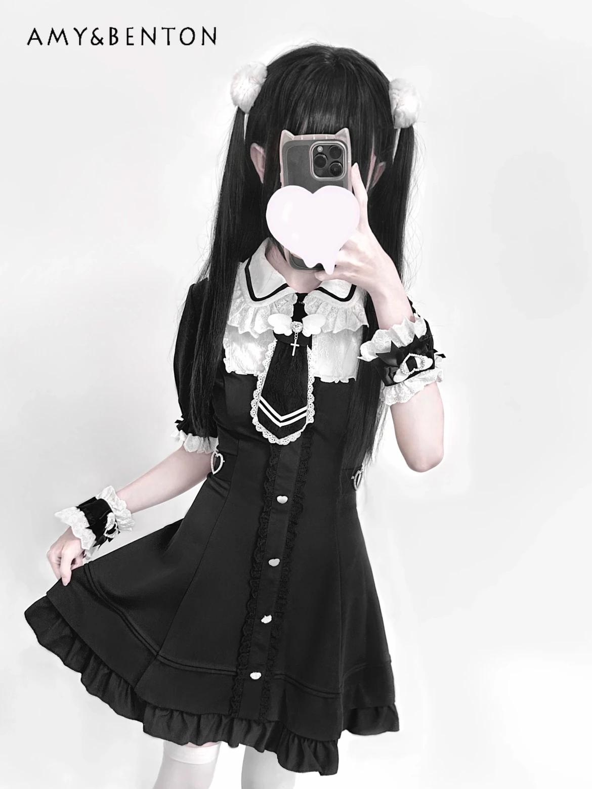 

Japanese Mass-Produced Sweet Lace Patchwork Short Sleeve Dress for Women Lolita Mine Series Subculture Bow Tie Slim Mini Dress