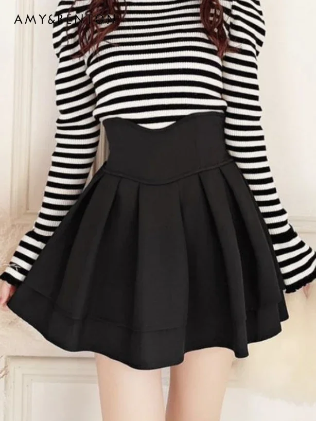 

Japanese Sweet Girl High Waist Slim Fit Mini Skirt Autumn Winter New Preppy Style Elegant Black All Match Pleated Skirt Women