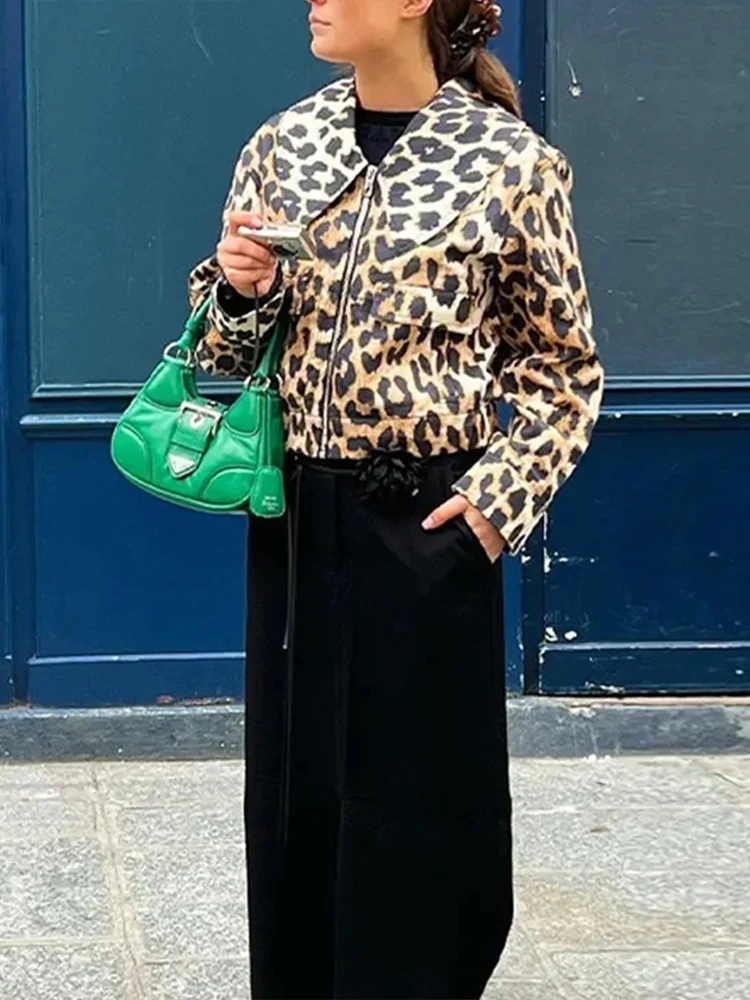 HH Vintage Casual Women Jackets Leopard Print Zippers Turn-down Collar Short Coats New Fashion 2024 Spring Holiday Jackets