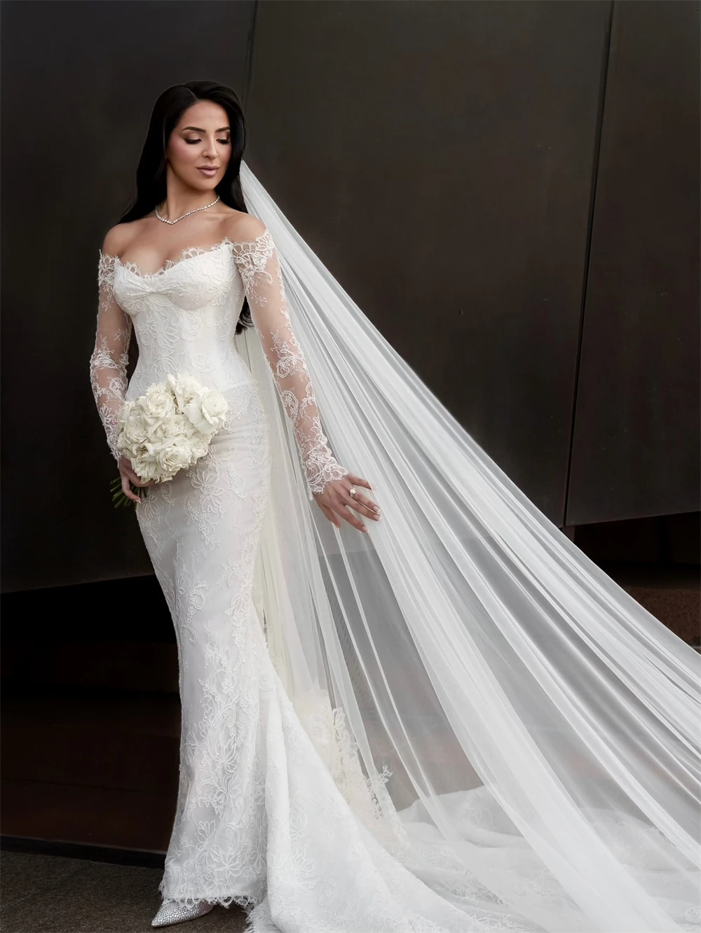 

Customized Luxury White Evening Dress Modern Off the Shoulder Long Sleeves Homecoming Dresses Temperament Vestido De Festa