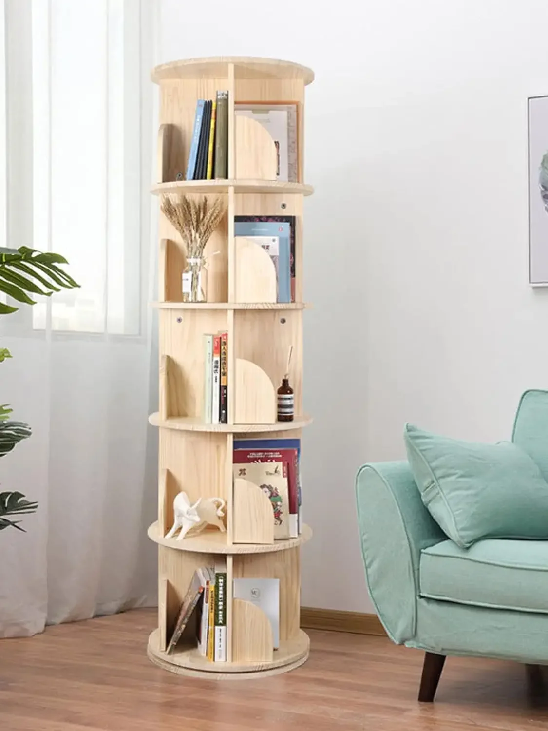 Bookshelf, 360 Display 5 Tier Floor Standing Bookcase Storage Rack for Wood Narrow Book Shelf Organizer for