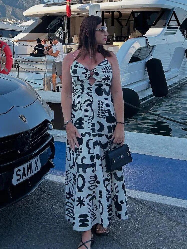 

TRAFZA Women Summer New Fashion V-neck Hollow Design Printed Sleeveless Dress Female Elegant Sexy Backless Lace-up Long Dress