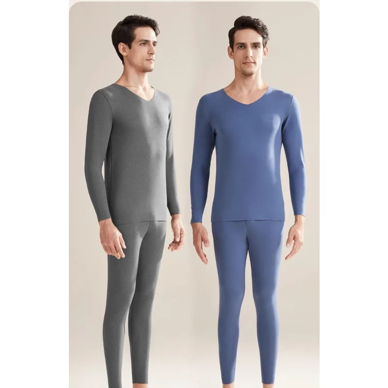 New Men's Cashmere And Silk Thermal Underwear Set: Seamless, Double-Sided Brushed Fleece Long-Sleeve Top And Long Underpants