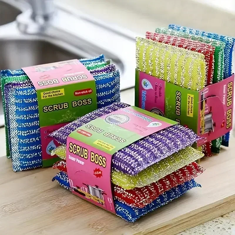 Steel Wire Dishwashing Sponge Double Sided Cleaning Pots Pans Kitchen Dishcloth Reusable Non-stick Oil Household Cleaning Tool