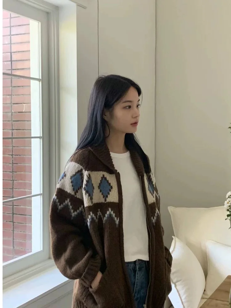 Retro malha flor padrão zíper aberto cardigan feminino solto casual versátil outerwear longo sve comprimento regular