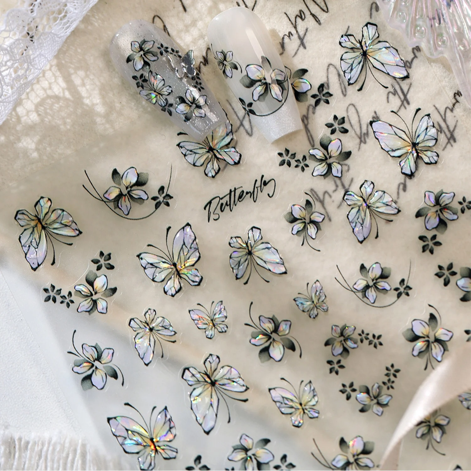 Farbverlauf Schmetterling Blüten 5D Geprägte Nagelaufkleber Blumen Romantischer Garten Selbstklebende DIY Nageldekorationen für Mädchen