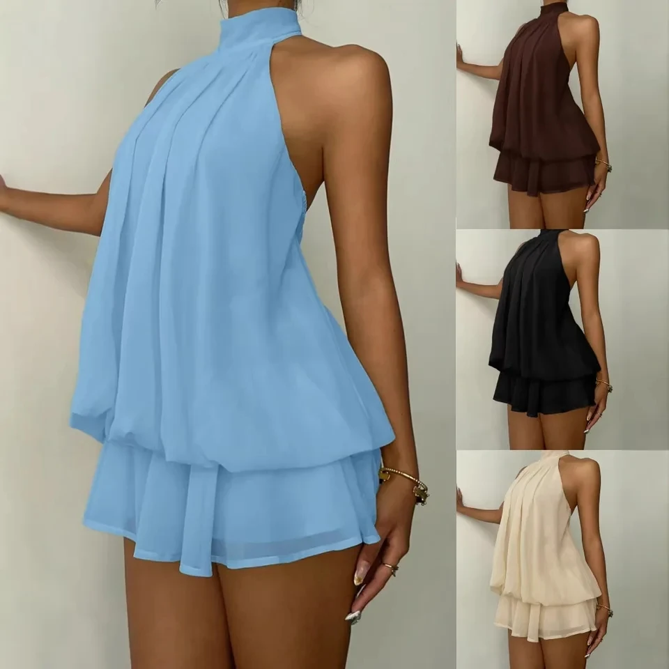 2026 New Fashion Vacation  Sexy Backless Halter Neck Tie Jumpsuit Women Chiffon Layer Shorts