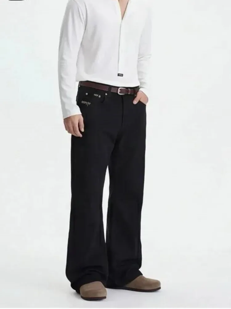 Spring Summer Men's Old Money Style Hand Stitched High Waisted Black Jeans Slightly Flared Slim Fit Cleanfit Pants KWJI