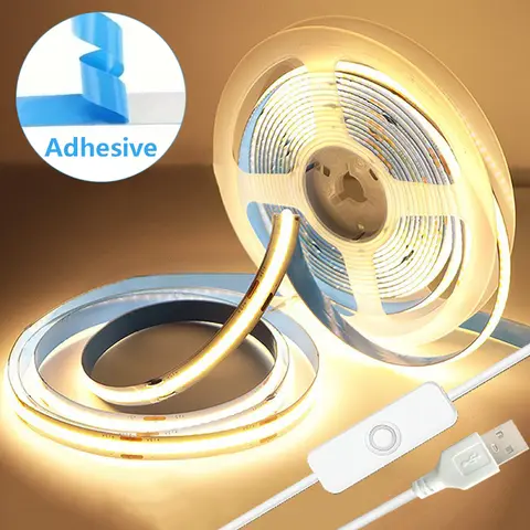5V COB 스트립 조명 스위치 제어 USB 유연한 다이오드 테이프 리본 부엌 차고 TV 미러 PC 백라이트 벽 장식 조명