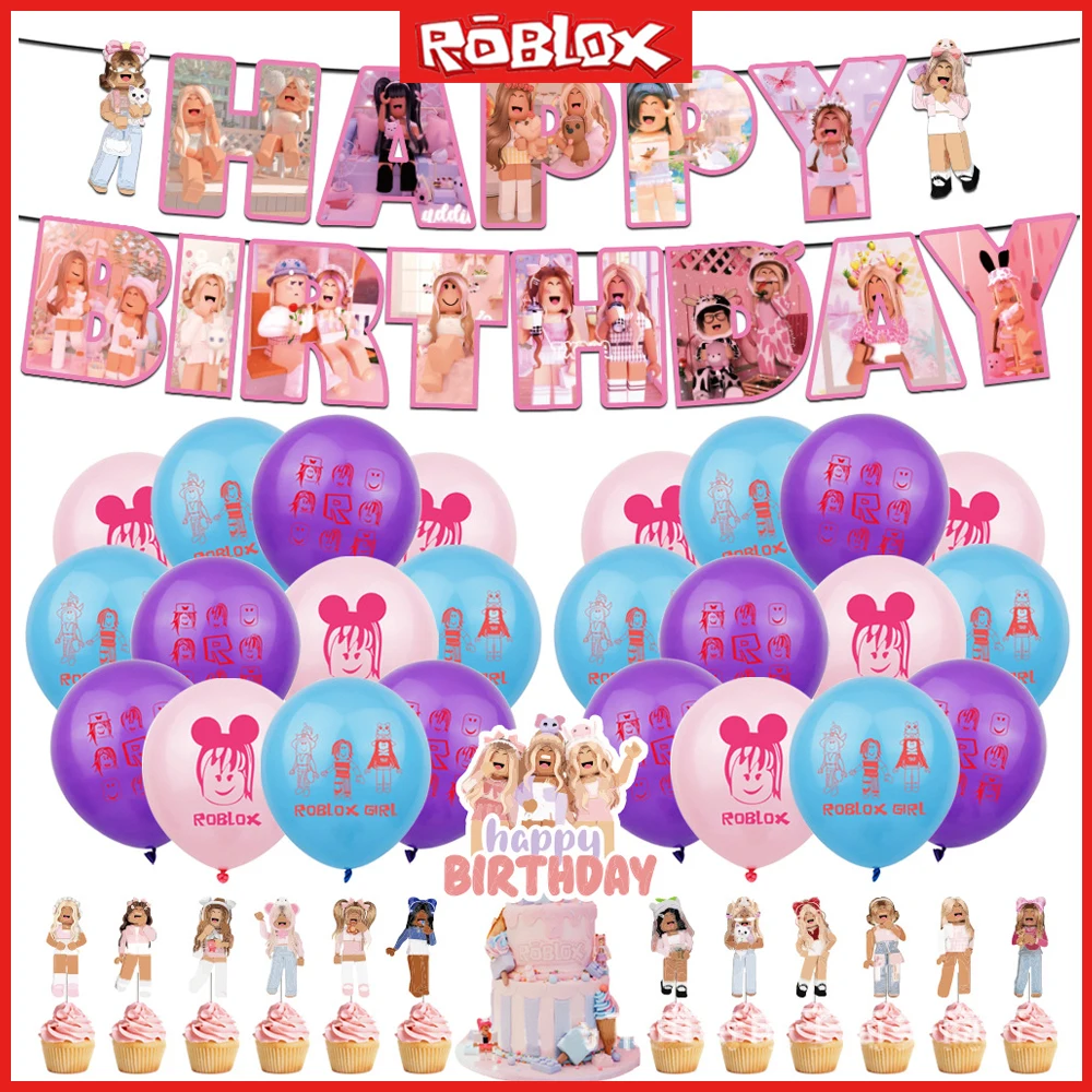 New Roblox Game Cartoon Balloon Sandbox Pink Girl Birthday Christmas Theme Party Decoration Balloon Pull Flag Cake Insert Set