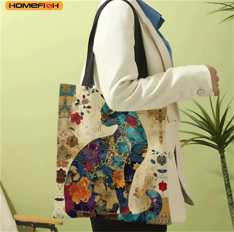 HOMEFISH Floral Cat Pattern Tote Bag, Aesthetic Canvas School Shoulder Bag, Lightweight Grocery Shopping Bag