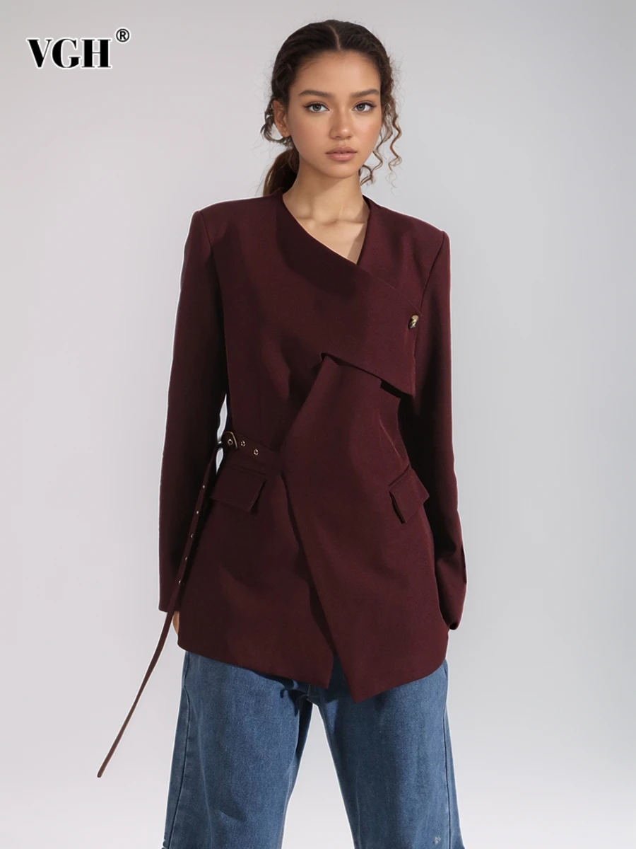 VGH Temperament Spliced Belt Slimming Blazers for Women Diagonal Collar Long Sleeve Patchwork Button Tunic Coats Female Fashion