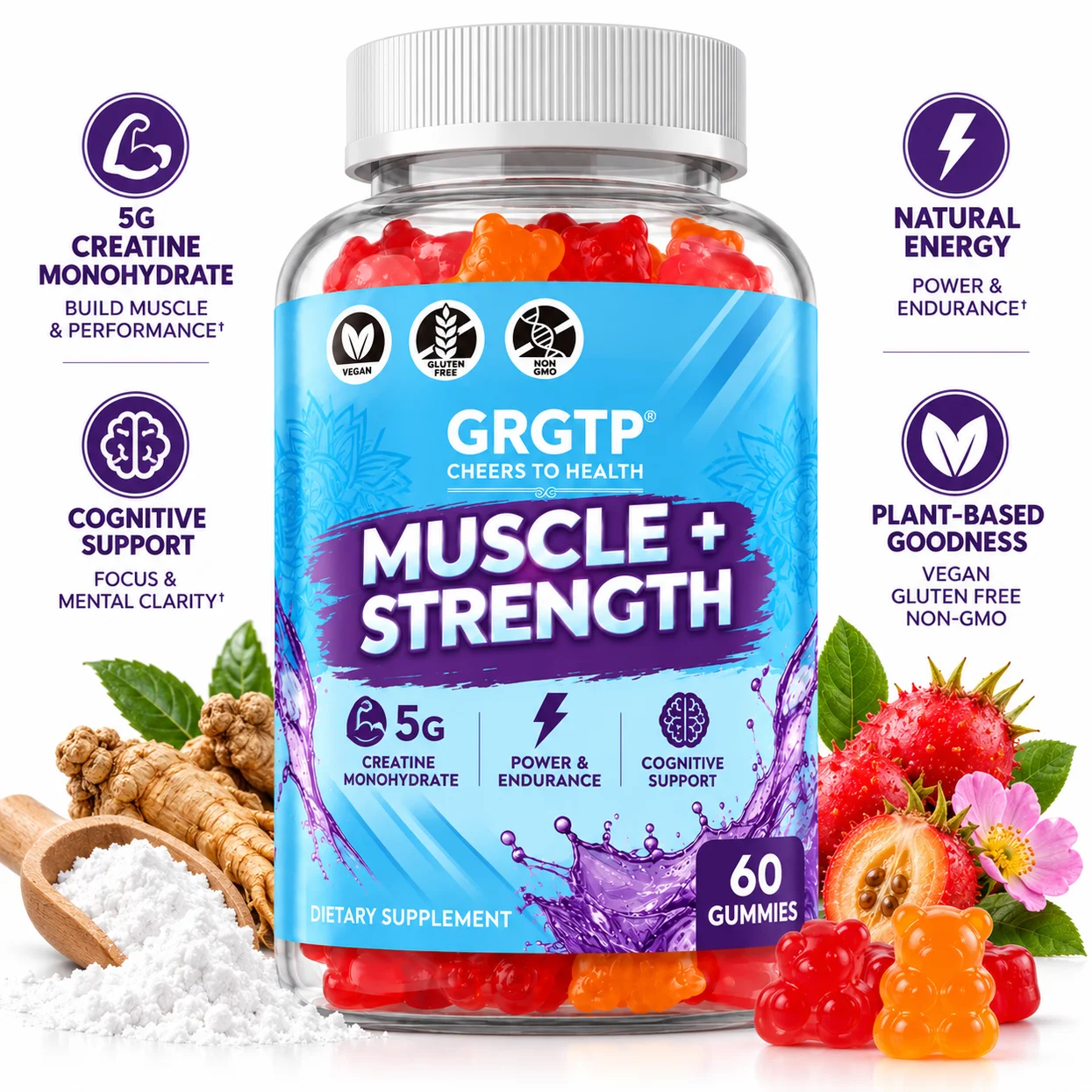 Muscle Strength Gummies - Metabolism, Improves Athletic Performance, Brain Health, Enhances Focus and Cognitive Function