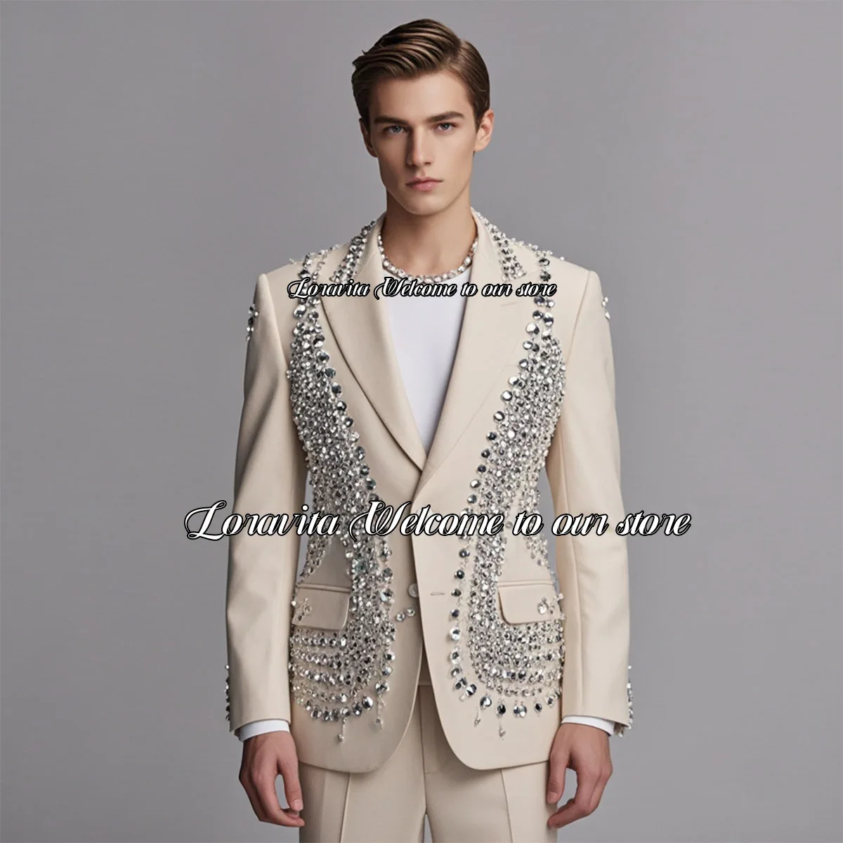 Luxury Lapel Wedding Groom Tuxedos Sparkle Diamond Crystals Beaded Men Suits 2 Pieces Sets Male Prom Blazers trajes para hombre