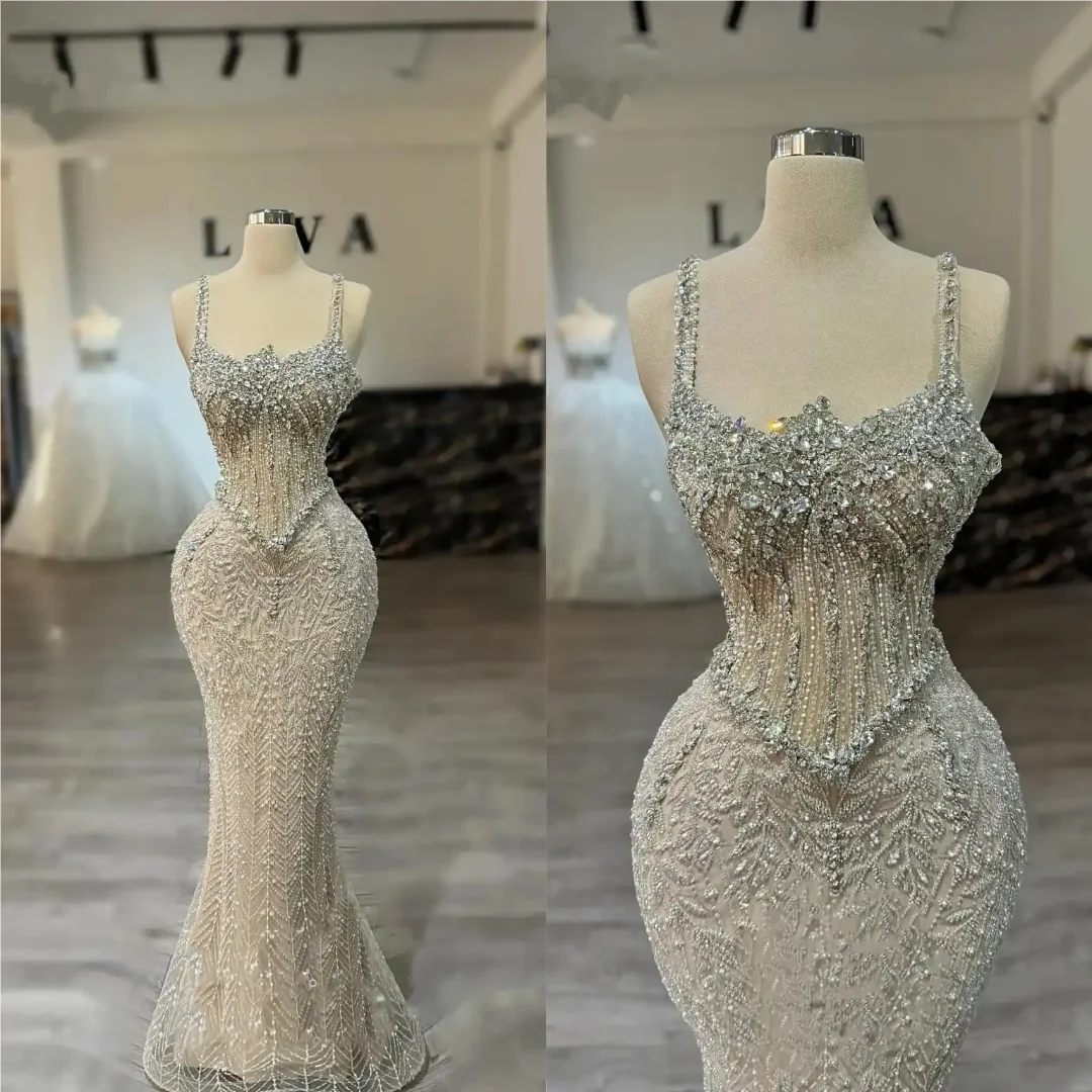 Exquisite Crystal Beaded Mermaid Formal Dress Spaghetti Strap Sweetheart Evening Party Prom Gown Robes De Soirée Customized