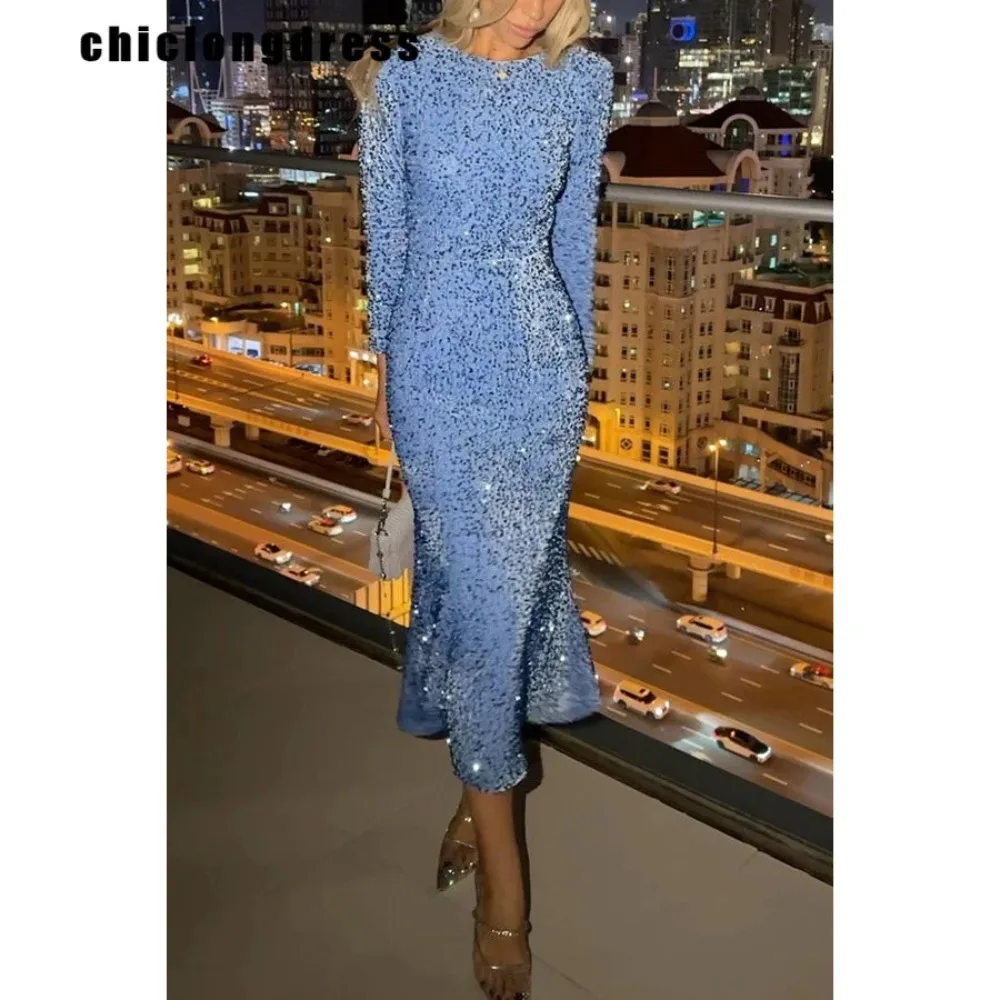 Women's Elegant Round Neck Long Sleeve Sequin Evening Dress, Party Dress, Spring Fashion, 2022