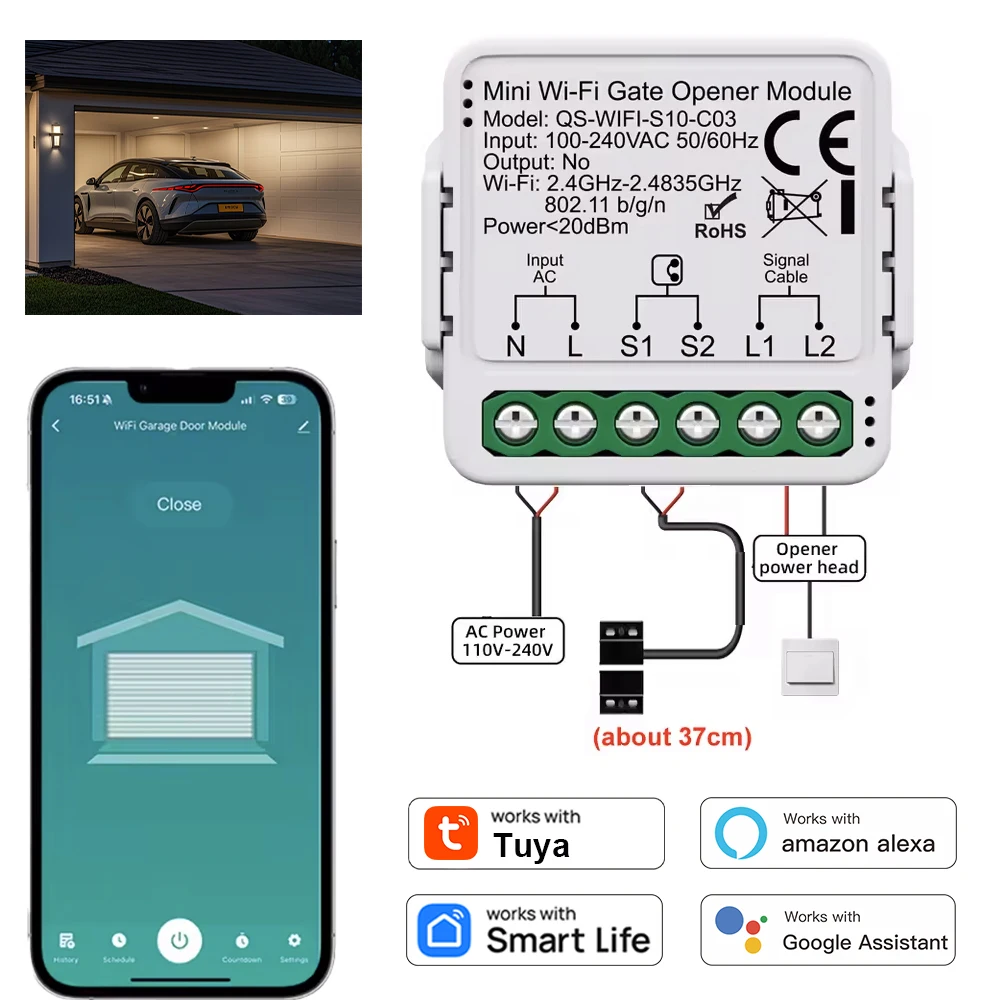 

Контроллер открывания гаражных ворот Tuya Smart Life, сухие контактные переключатели, система охранной сигнализации, работа, Google Assistant Alexa