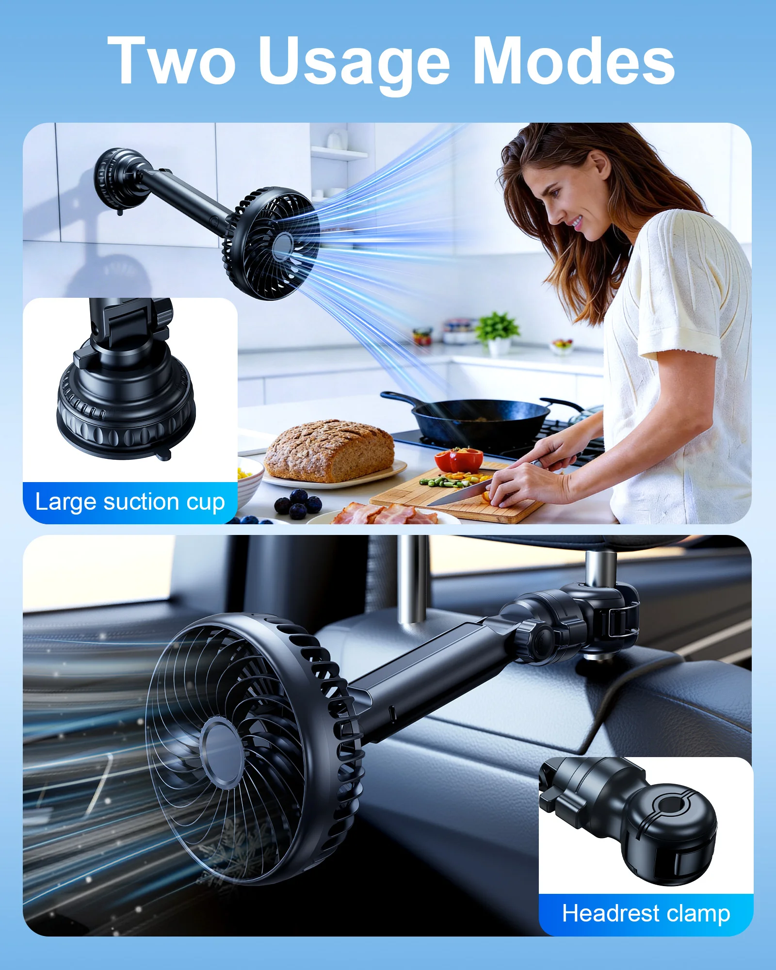 

Eary Multifunctional Personal Fan 5000mAh Wall Mounted Fan Suction Cup & Headrest Clamp Fully Adjustable Fans for Car Kitchen