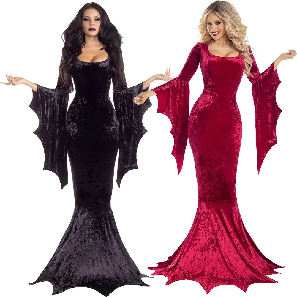 Women Witch Costume Velvet Vintage Black Gothic Morticia Mermaid Dress Female Halloween Cosplay Outfit Robe