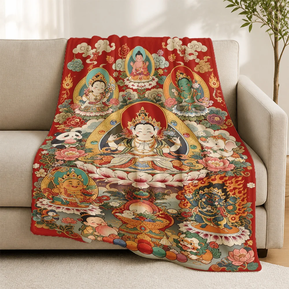 Highly ornate Thai Buddhist Deity Goddess Print Decorative Throw Blanket Sofa Cover Textile for Living Room Asian Home Decor Art