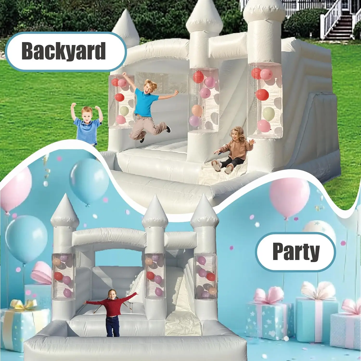 10FT Inflatable White Bounce House Bouncy Castle with Air Blower,Ball Pool and Slide for Wedding Party Kids Birthday Party