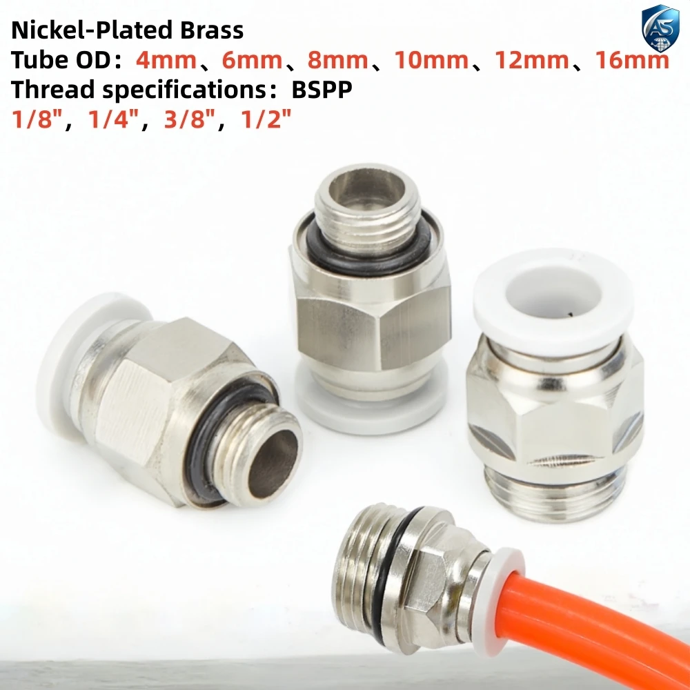 1 / 5Pcs BSPP Male Pneumatic Fitting 1/8 1/4 3/8 1/2 Inch Nickel Plated Brass Push in Quick Connector Air Hose with Sealing Ring