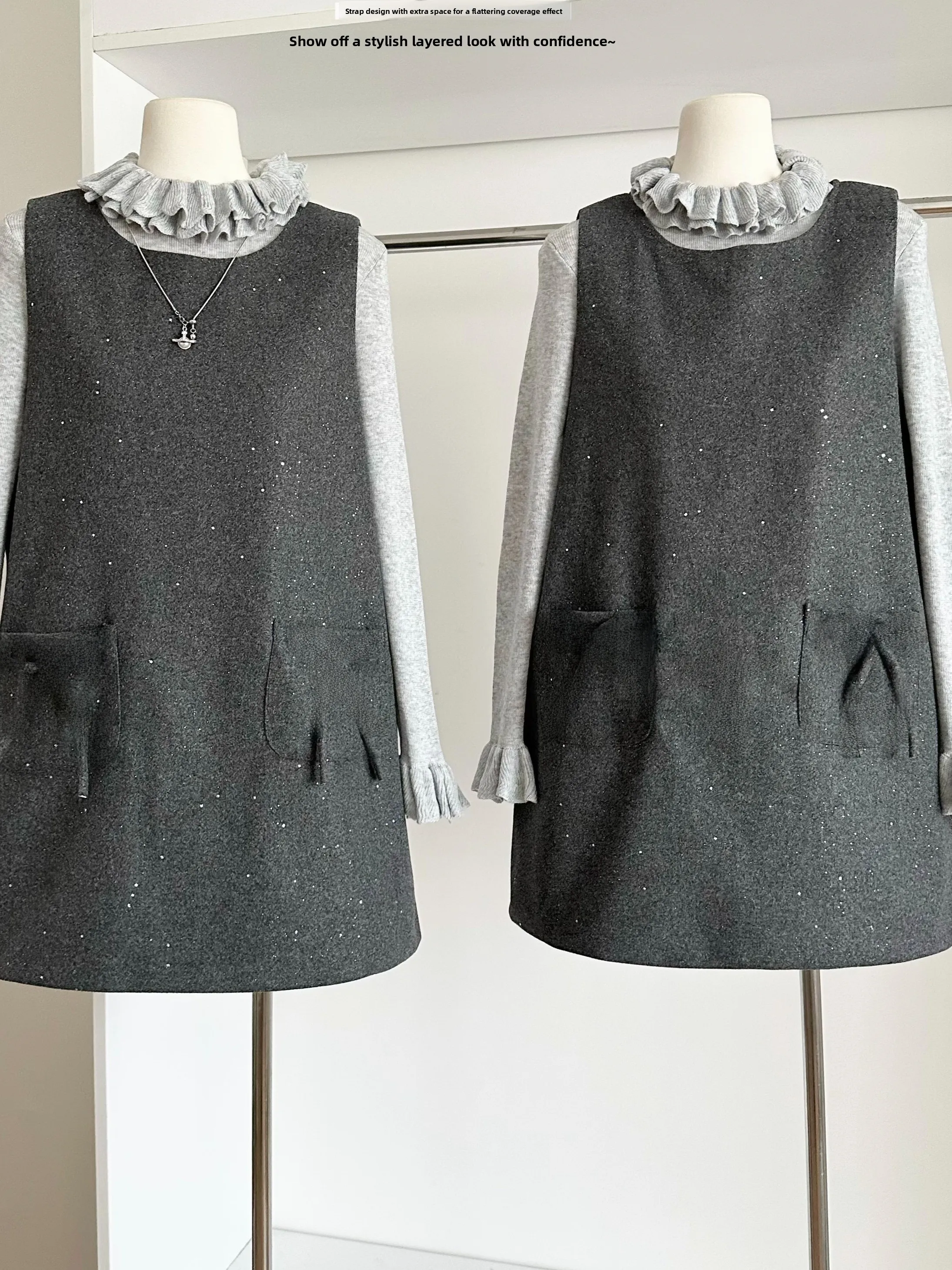 

Faionable женский наряд Ele с рюшами на воротнике и блестками, жилет Dr, комплект из двух предметов, полиэфирное волокно, обычная длина