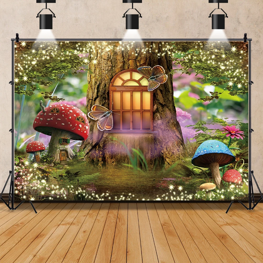 Fairy Tale Forest Backdrop Wonderland Dreamy Mushroom Flower Castle Baby Birthday Photography Background Decor Photo Studio Prop