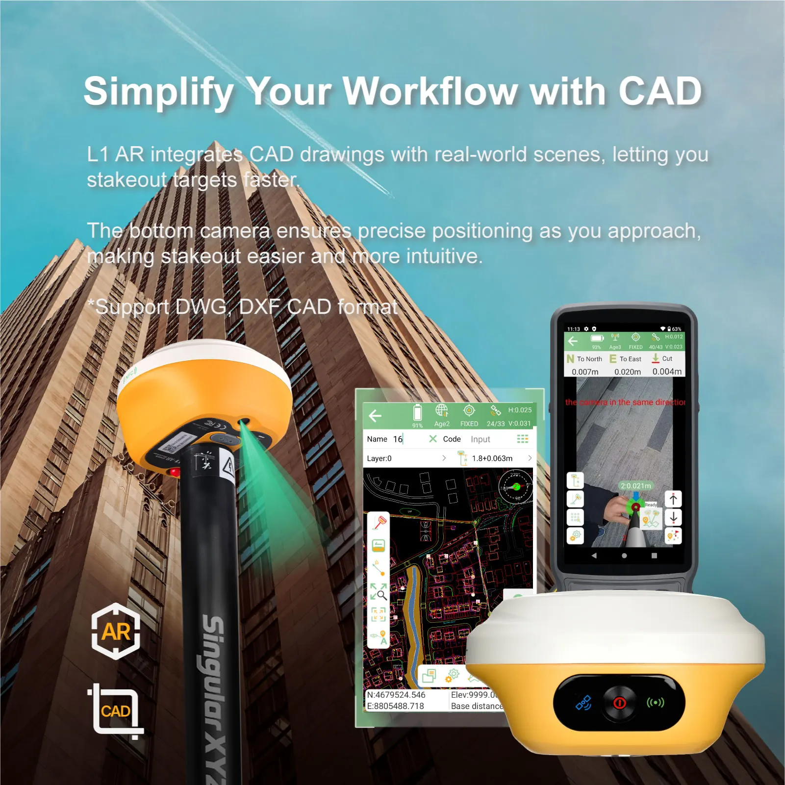 

SingularXYZ L1 AR GNSS Receiver with IMU Tilt Survey, ROVER, Camera & Visual Stakeout RTK Precision Surveying And Mapping