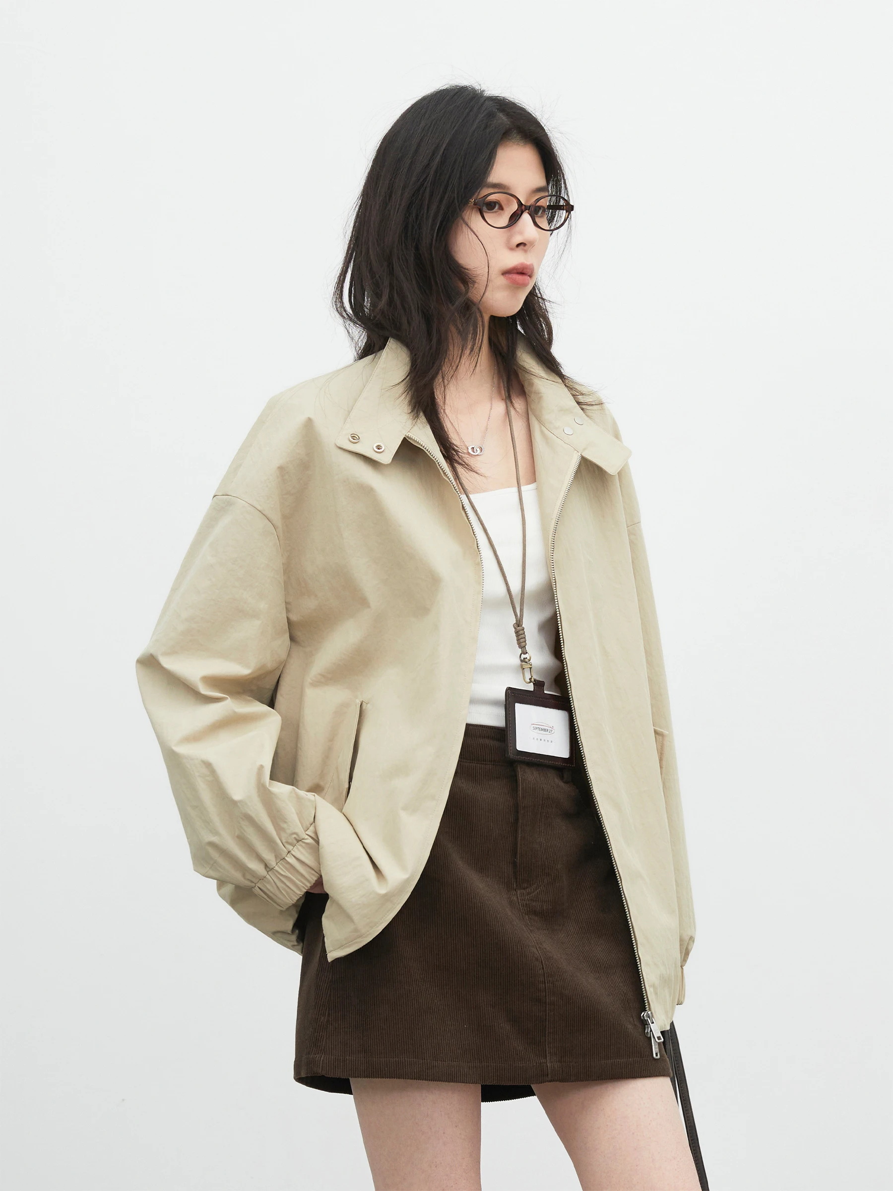 

Vintage Loose Fit Zipper Stand Collar Jaet ort Versatile Outerwear Spring Cotton Blend Women's Warmth Comfortable Coat