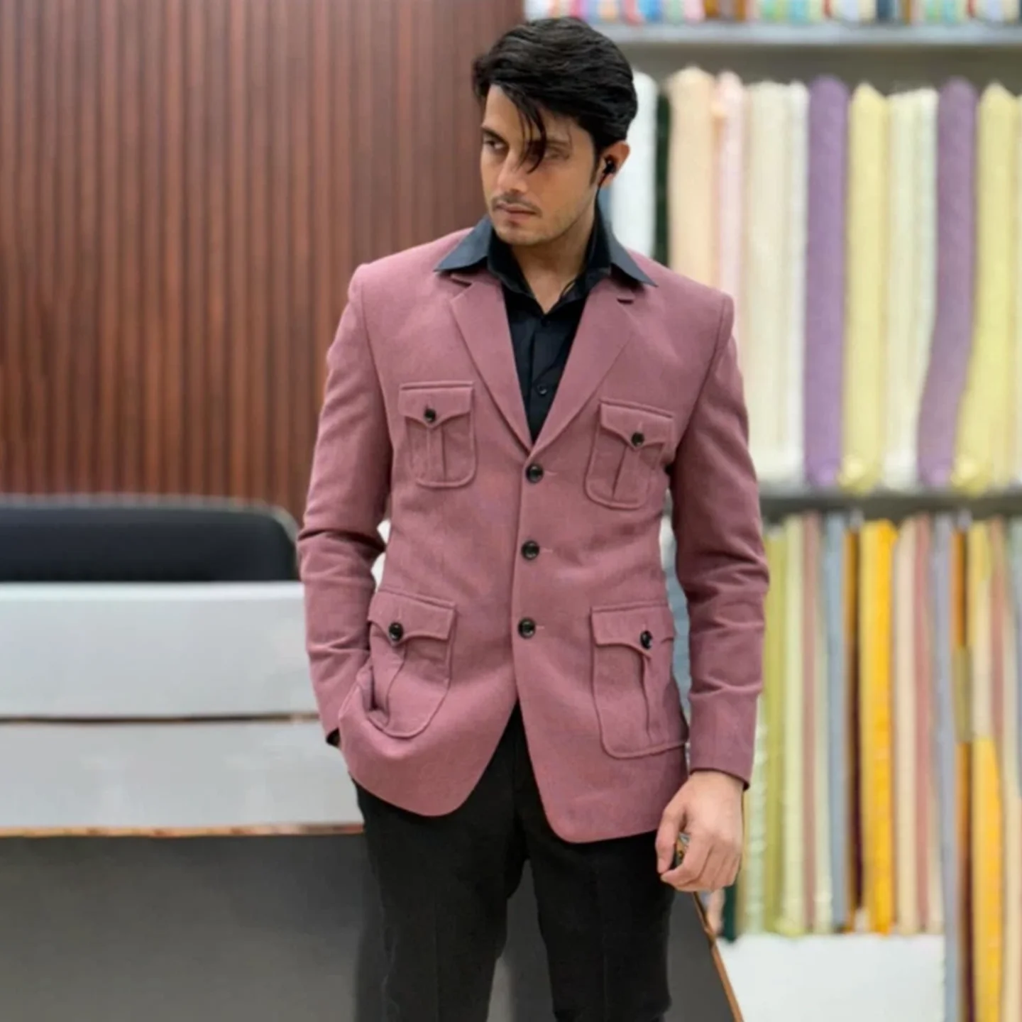 Casual Men's Suits Jacket Pink Safari Single Breasted Multi Pockets Outdoor Business Regular Fit Fashion Suits Male Customized