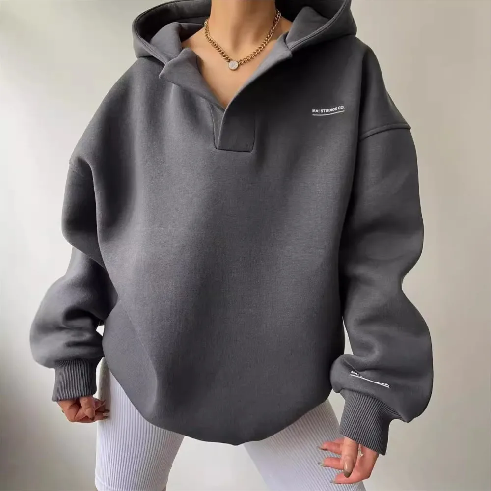 

Velvet Hooded Printed Long-sleeved Sweatshirt V-neck Fleece Sweater Autumn Winter Women's New Solid Color Top Hoodie Кофта