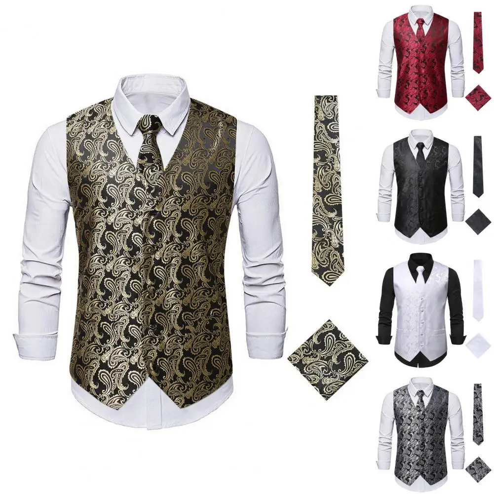 

3Pcs/Set Wedding Silk Men Vest Paisley Slim Fit Necktie Hankerchief Cufflinks Sets Male Sleeveless V-Neck Waistcoat Party Hi-Tie