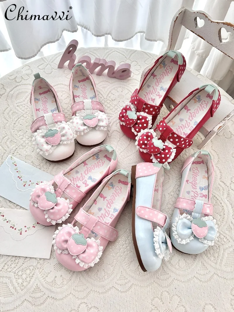 

Lolita Cute Polka Dot Strawberry Sweet Flat Shoes Spring and Autumn New Cute Girl Bowknot Elegant Princess Single Shoes