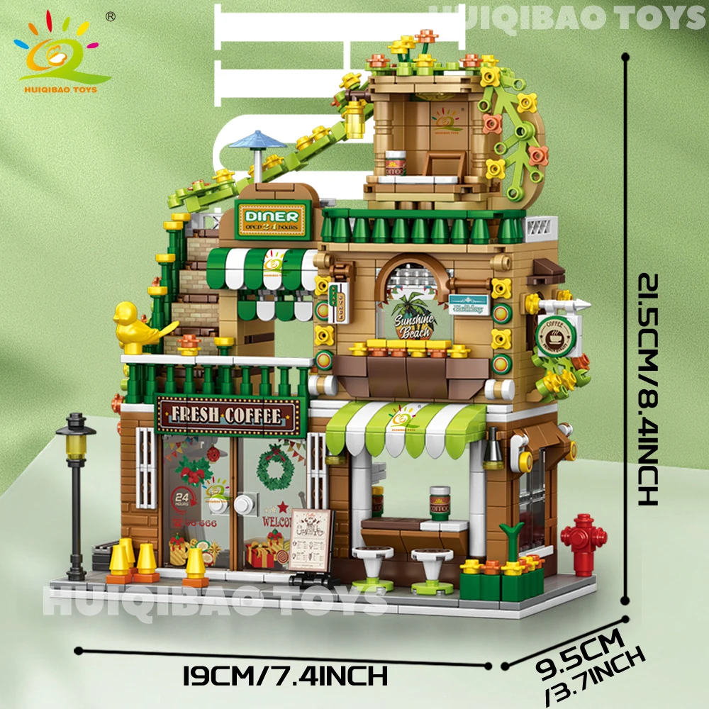HUIQIBAO City Street View café Burger Shop hôtel modèle blocs de construction bricolage Architecture commerciale rue briques jouets adulte