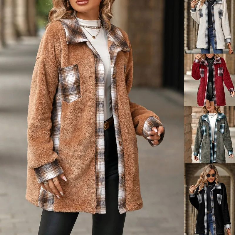 

Autumn And Winter New Casual Women's Single Breasted Lapel Mid Long Plaid Plush Elegant Jacket