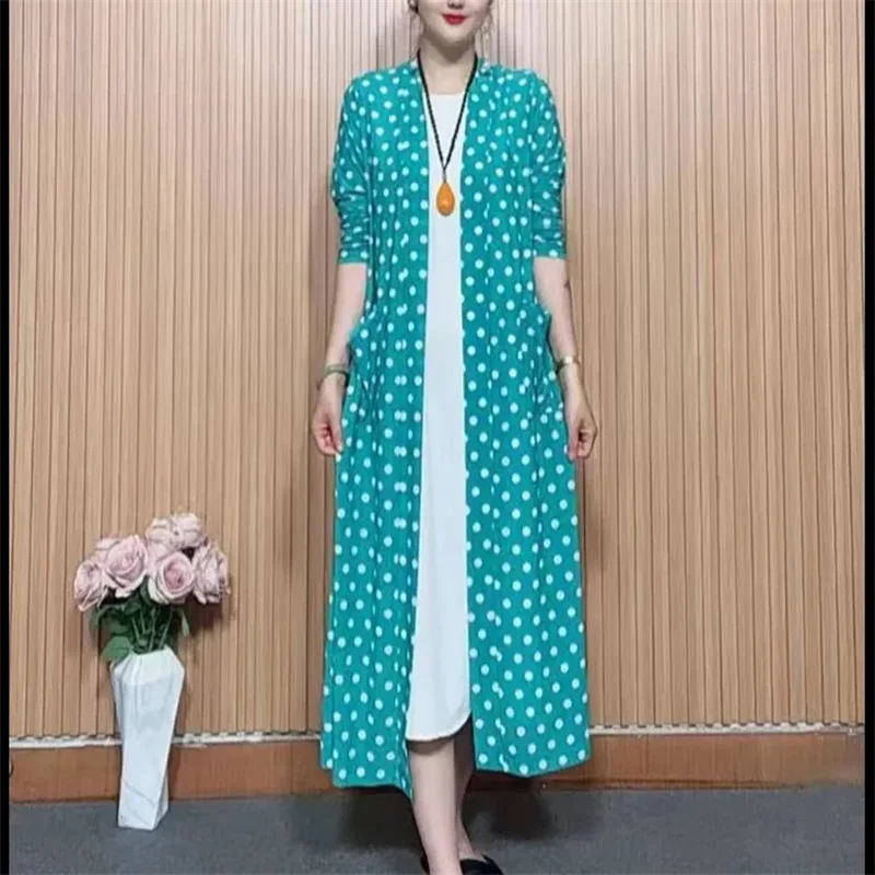 Summer Thin Polka Dot Long Sleeved Shawl Coat Jacket Women's Mid To Long Windbreaker Sun Protection Versatile Cool Outerwear