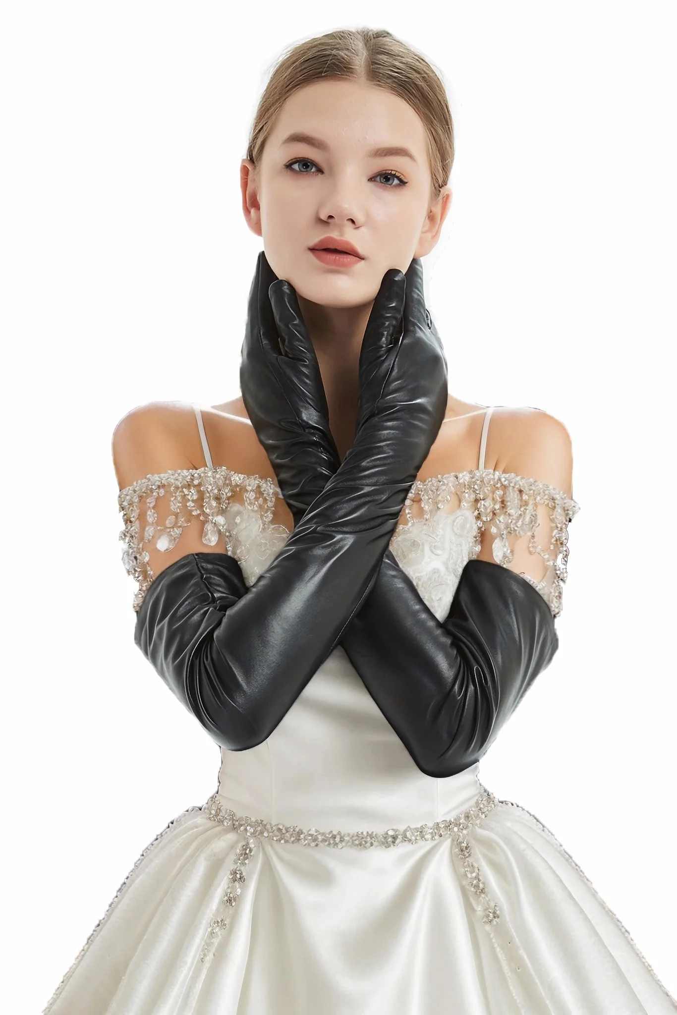 Women Real Sheep Leather Super Long Shoulder Length Opera Gloves Black