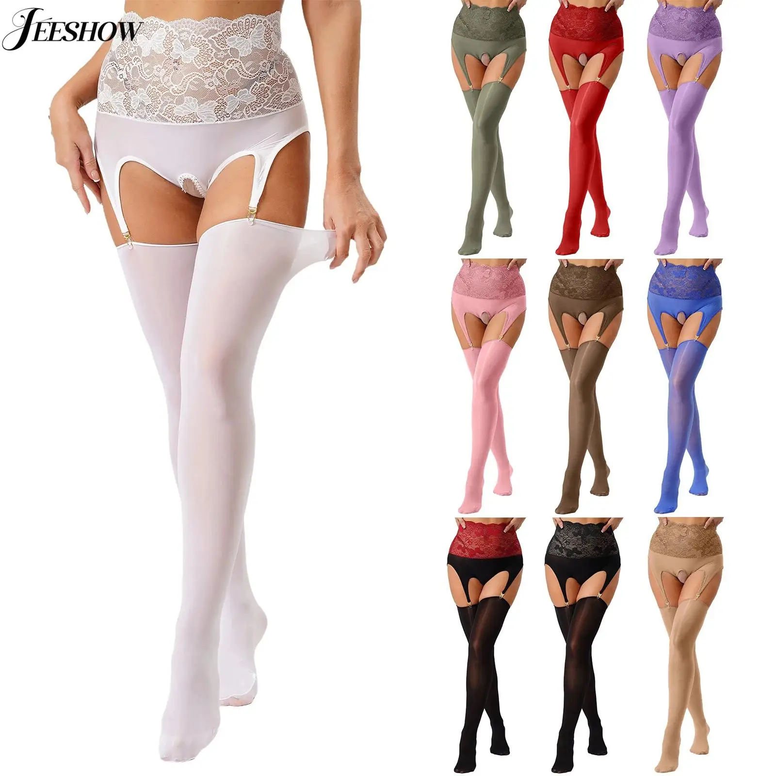 

Womens See Through Sheer Hollow Out Pantyhose Floral Lace Patchwork High Waist Open Crotch Suspender Tights Tempting Nightwear