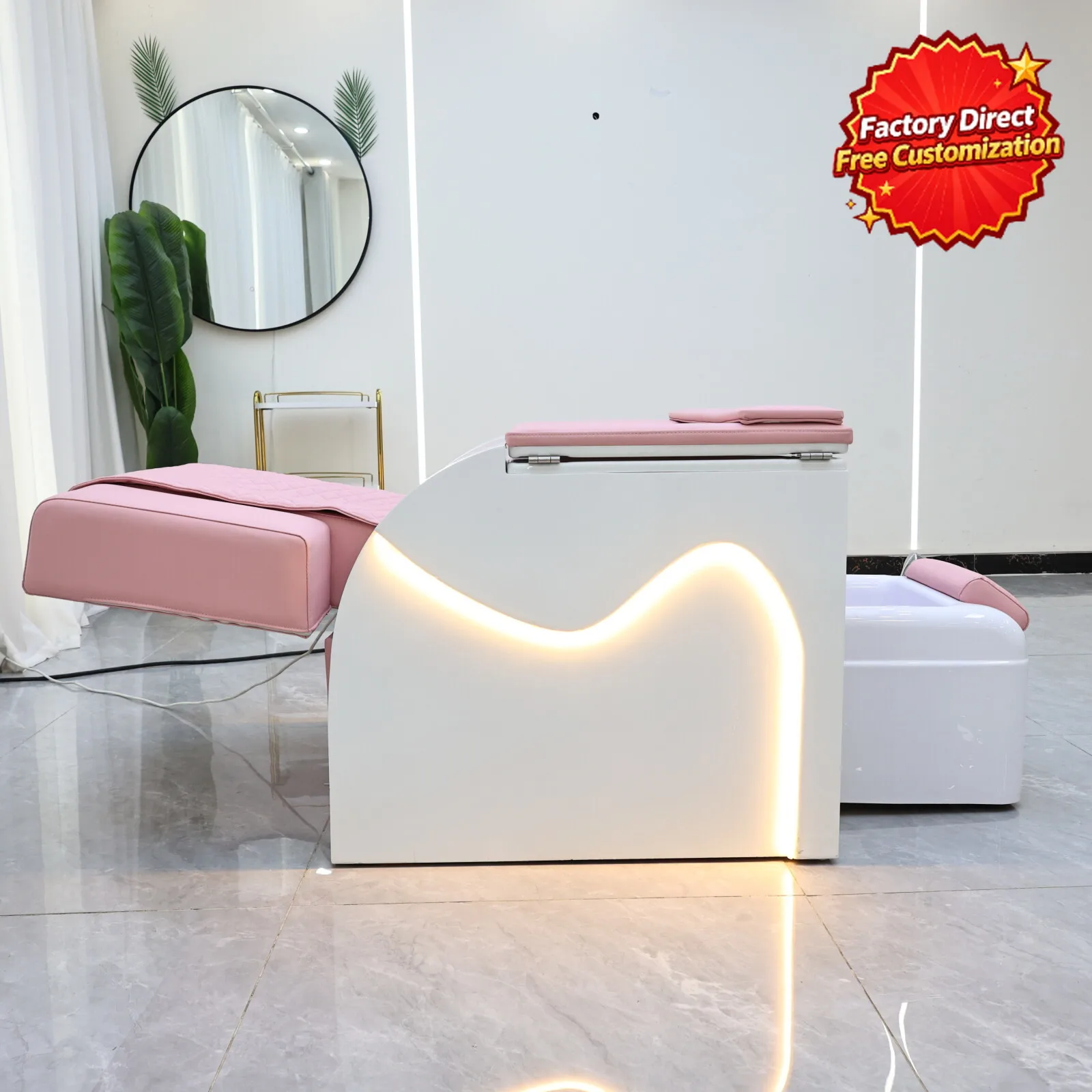 Pink Spa Pedicure Chair Water Circulation LED Light Movable Foot Massage Chair with Wheels Salon