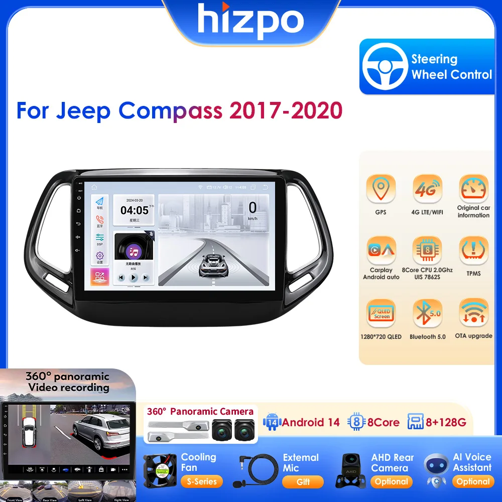 

10,1 "4G LTE Android 14, автомобильный мультимедийный плеер, GPS-навигация, поддержка беспроводного Carplay Android Auto для Jeep Compass 2017-2020