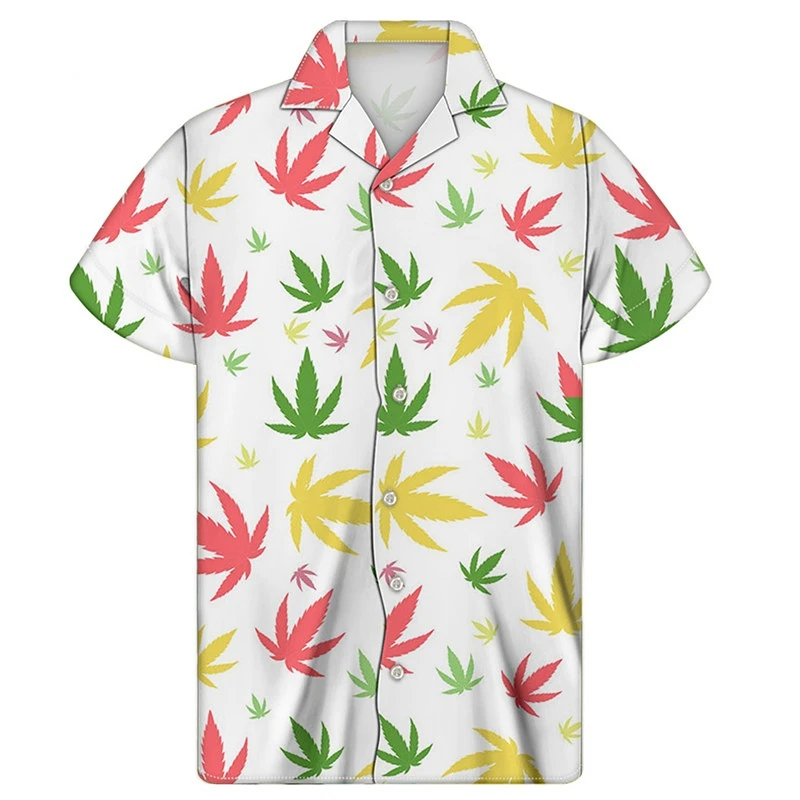 

2022 Harajuku Cuban Yellow Weed Leaf Print Shirt Men's Short Sleeve Casual Shirt Summer Breathable Beach Shirt