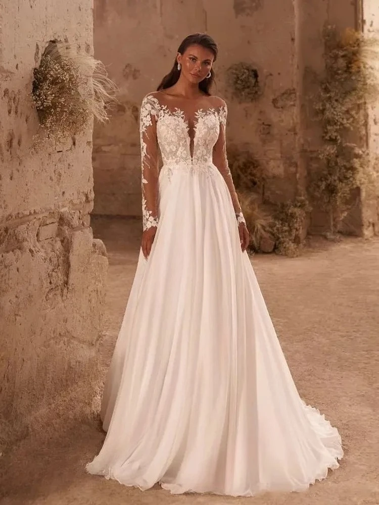Vintage Long Sleeves Wedding Dress for Bride Appliques Sheer O-neck Button Back  A-Line Chiffon Bridal Gowns Vestido De Novia