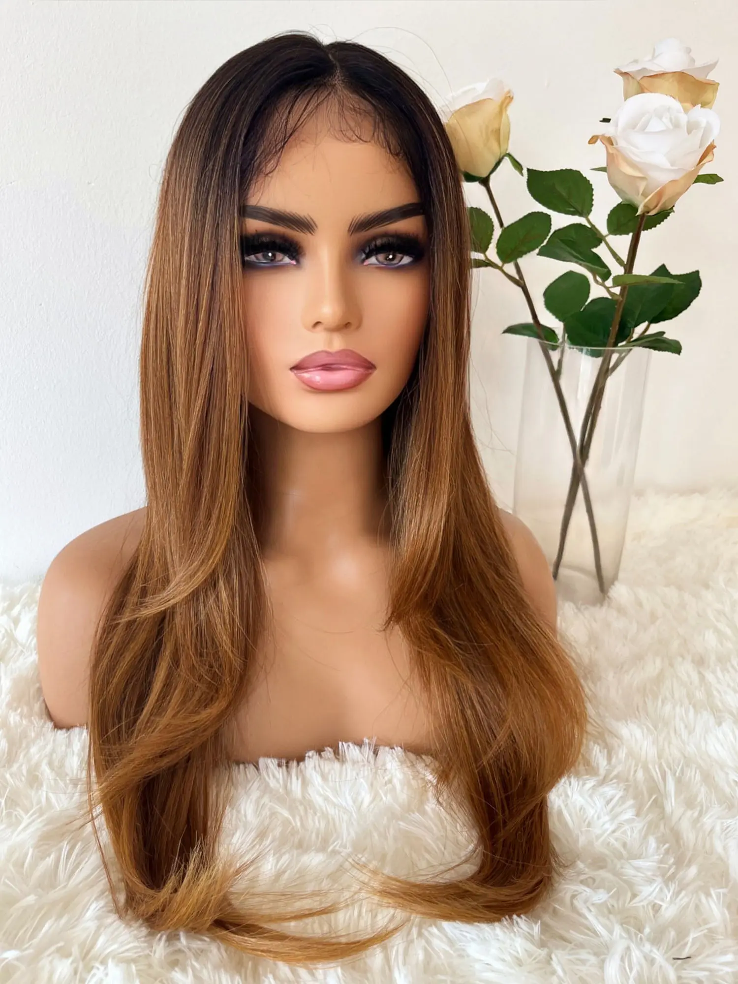 Soft 20 Inches Women's Jewish Wig Ombre Honey Brown Natural Straight Mixed Human Synthetic Hair Lace Front Wig Beginner Friendly