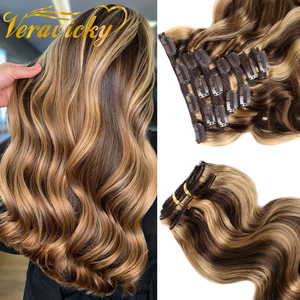 

Veravicky Body Wave European Hair Clip In Hair Extensions Human Hair Clips On Brown Blonde Wavy hair Clip 110 to 200G 14 to 22"