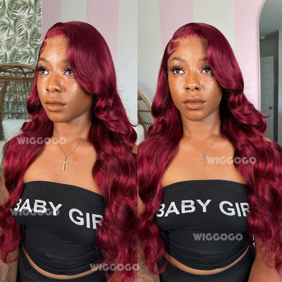 

Цветной парик из натуральных волос с волнистой текстурой, бордовый, 13X6 HD, с прозрачной кружевной передней частью, для женщин, 13X4, предварительно выщипанный, 30-36 дюймов