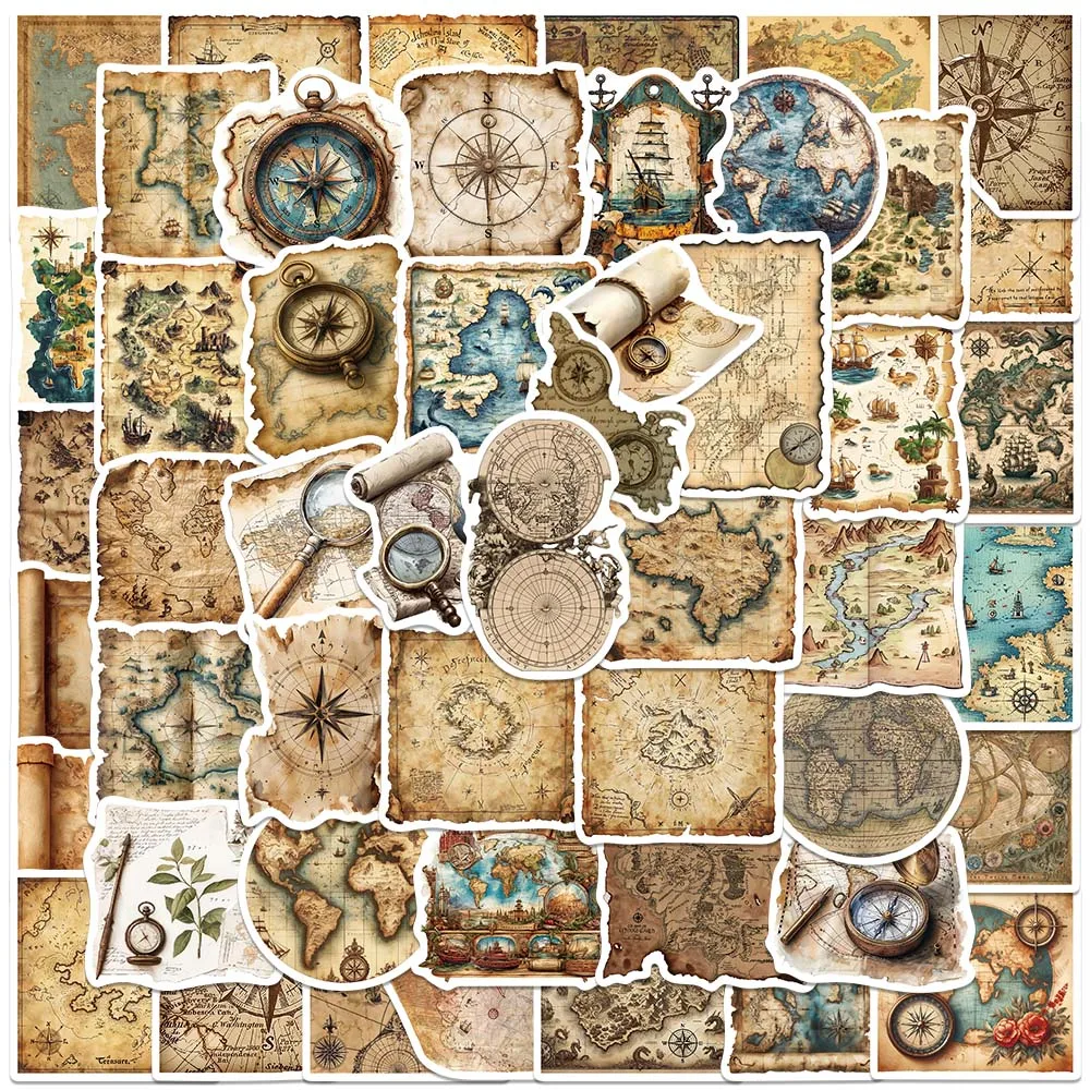 50 autocollants vintage de cartes du monde, autocollants de géographie rétro pour journal, planificateur, album de scrapbooking, journal, valise, bagages, décoration