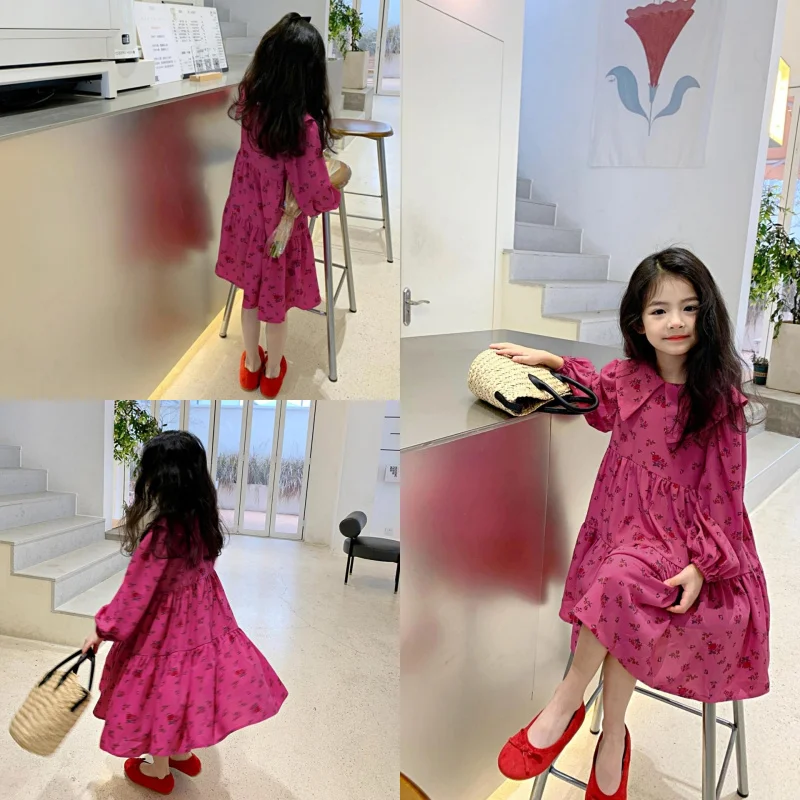 

Girls' Dress for Spring and Autumn2025New Stylish French Doll Collar Children's Little Girl Floral Princess Dress